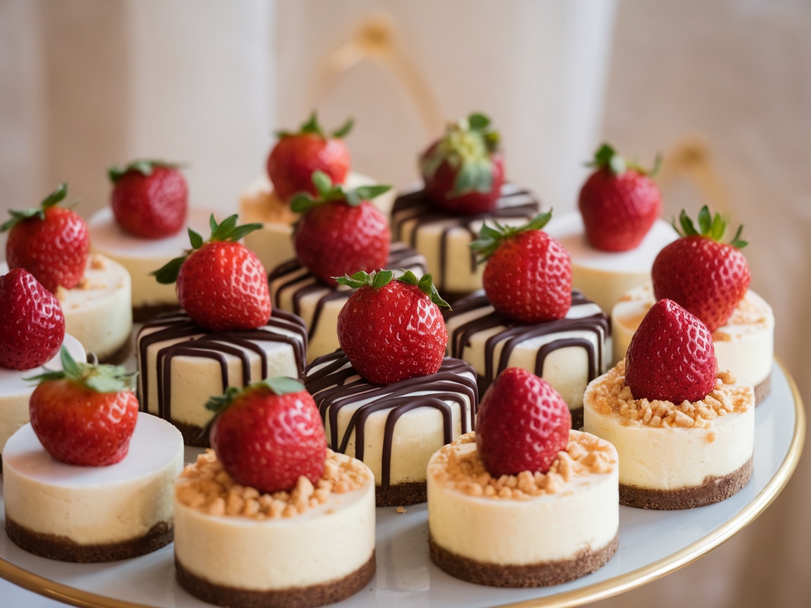 An assortment of mini cheesecake bites topped with strawberries and chocolate, displayed on a plate.